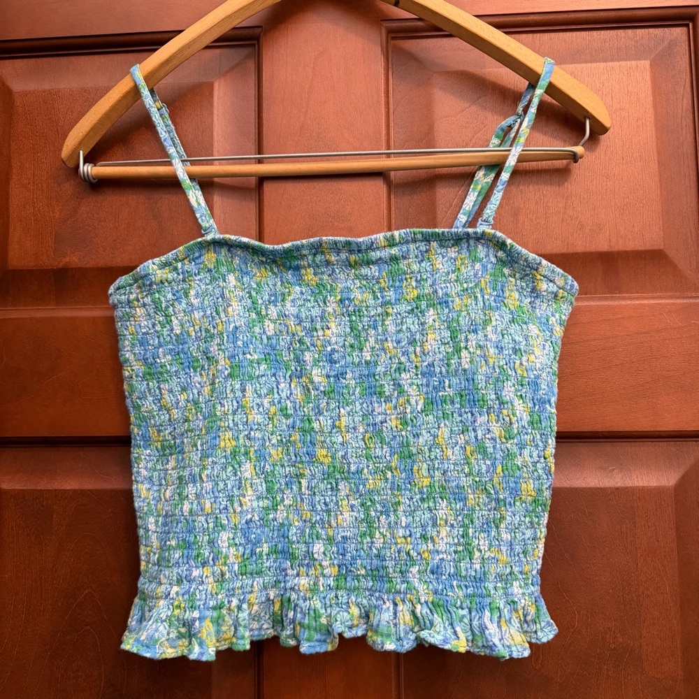 American Eagle Womens M Smocked Camisole Tank Tube Top Ruffle Hem Tropical Blue